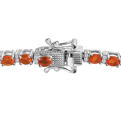 Crimson Fire Opal and White Zircon Tennis Bracelet in Platinum Over Sterling Silver (6.50 In) 4.00 ctw