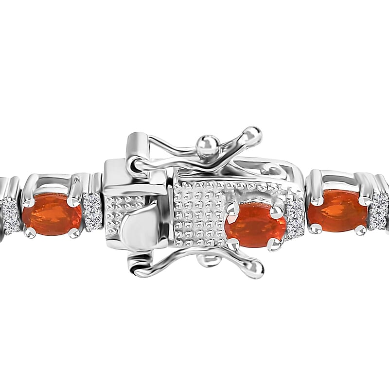 Crimson Fire Opal and White Zircon Tennis Bracelet in Platinum Over Sterling Silver (7.25 In) 4.65 ctw