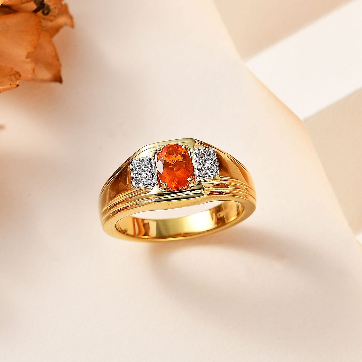 Crimson Fire Opal and White Zircon Men's Ring in Vermeil Yellow Gold Over Sterling Silver (Size 10.0) 0.65 ctw image number 1