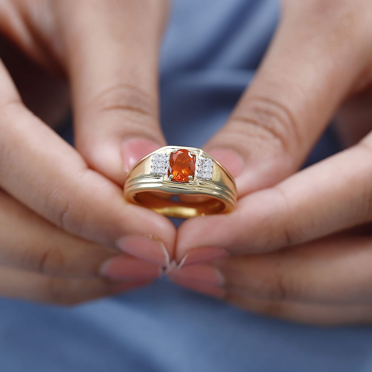 Crimson Fire Opal and White Zircon Men's Ring in Vermeil Yellow Gold Over Sterling Silver (Size 10.0) 0.65 ctw image number 2