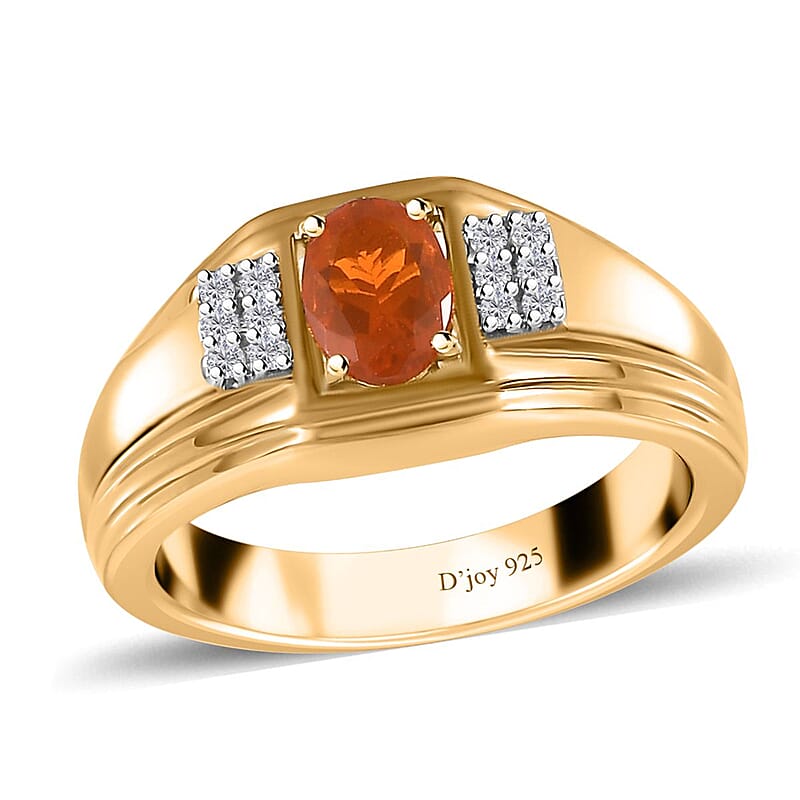 Crimson Fire Opal and White Zircon Men's Ring in Vermeil Yellow Gold Over Sterling Silver (Size 11.0) 0.65 ctw