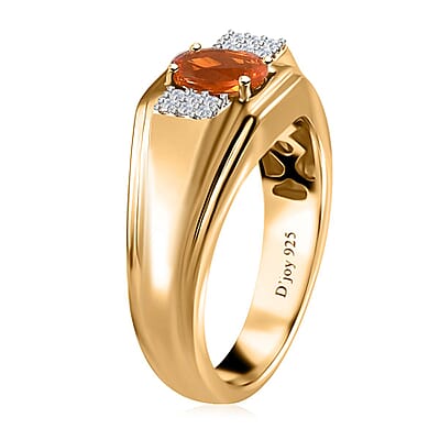 Crimson Fire Opal and White Zircon Men's Ring in Vermeil Yellow Gold Over Sterling Silver (Size 11.0) 0.65 ctw
