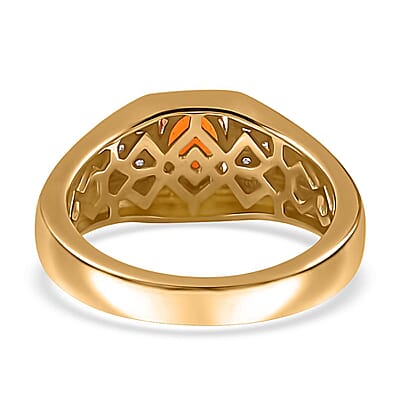 Crimson Fire Opal and White Zircon Men's Ring in Vermeil Yellow Gold Over Sterling Silver (Size 11.0) 0.65 ctw