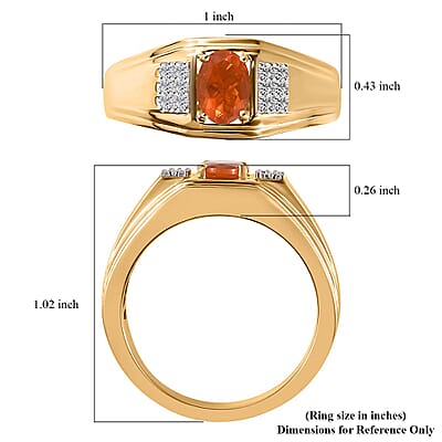 Crimson Fire Opal and White Zircon Men's Ring in Vermeil Yellow Gold Over Sterling Silver (Size 11.0) 0.65 ctw