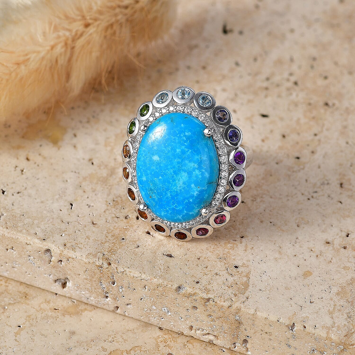 Premium Kingman Turquoise and Multi Gemstone 14.65 ctw Ring in Rhodium Over Sterling Silver (Size 5.0)