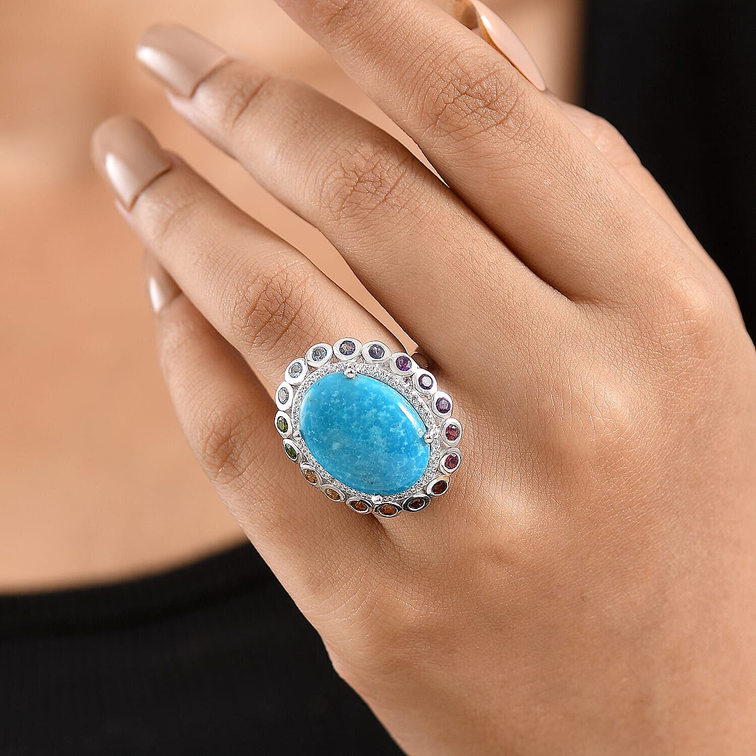 Premium Kingman Turquoise and Multi Gemstone 14.65 ctw Ring in Rhodium Over Sterling Silver (Size 5.0)