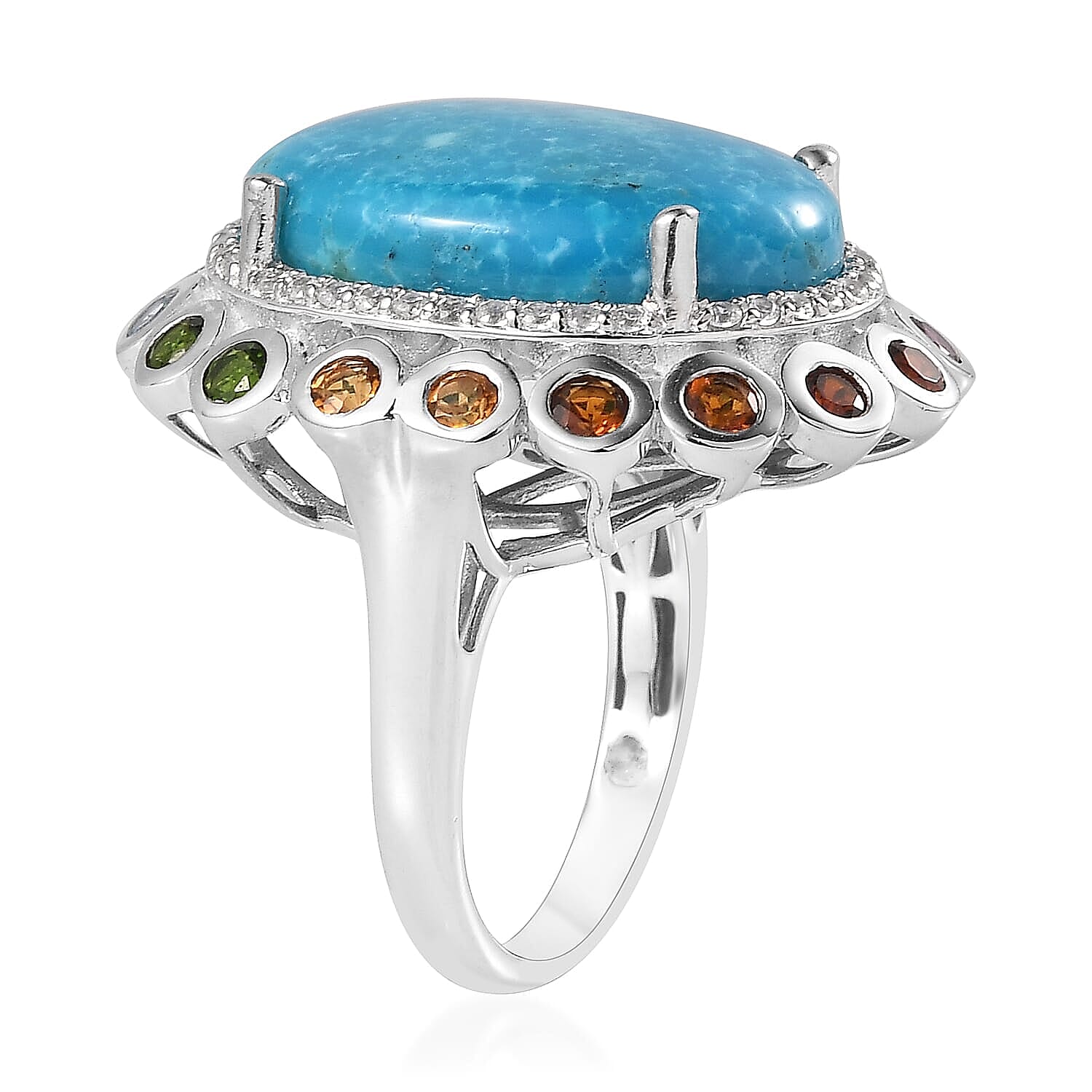 Premium Kingman Turquoise and Multi Gemstone 14.65 ctw Ring in Rhodium Over Sterling Silver (Size 5.0)