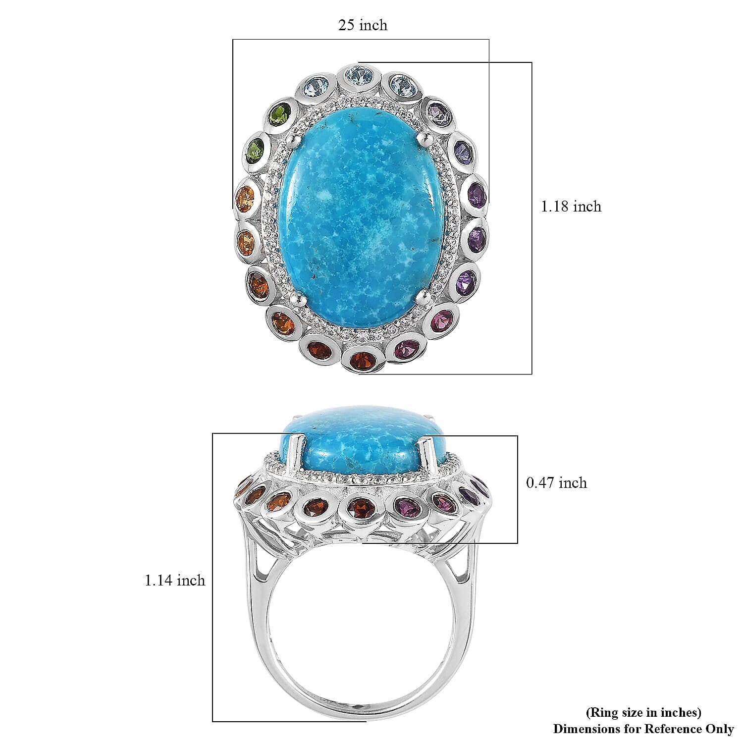 Premium Kingman Turquoise and Multi Gemstone 14.65 ctw Ring in Rhodium Over Sterling Silver (Size 5.0)