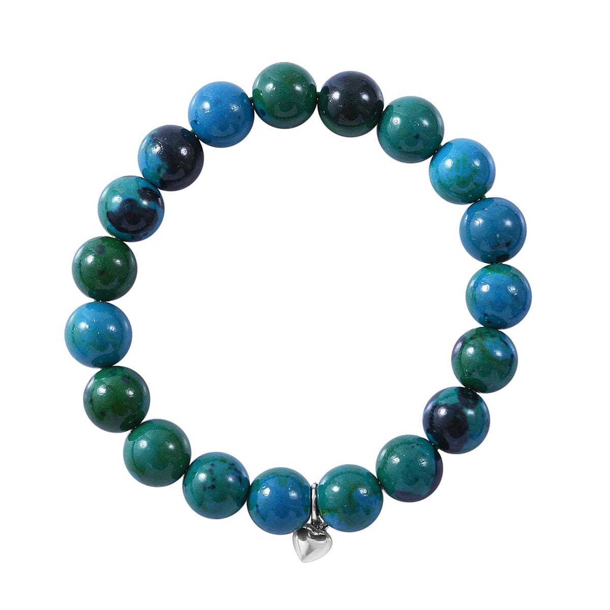 Chrysocolla Beaded Stretch Bracelet with Heart Charm in Sterling Silver 120.00 ctw image number 0