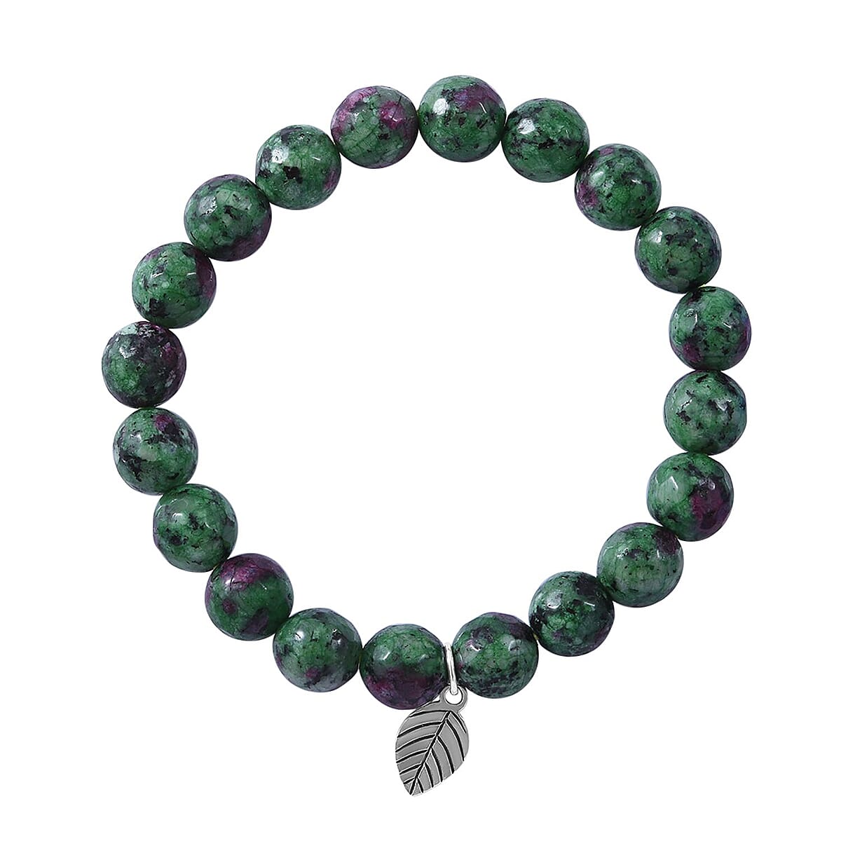 Ruby Zoisite Beaded Stretch Bracelet with Leaf Charm in Sterling Silver 150.00 ctw image number 0