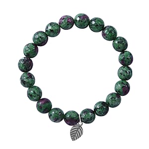 Ruby Zoisite Beaded Stretch Bracelet with Leaf Charm in Sterling Silver 150.00 ctw