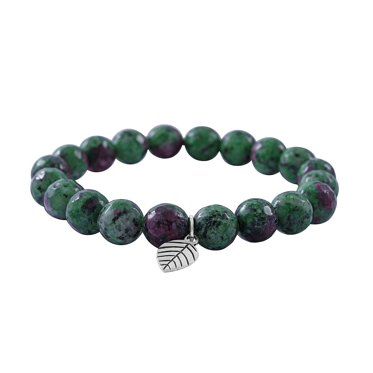 Ruby Zoisite Beaded Stretch Bracelet with Leaf Charm in Sterling Silver 150.00 ctw image number 1
