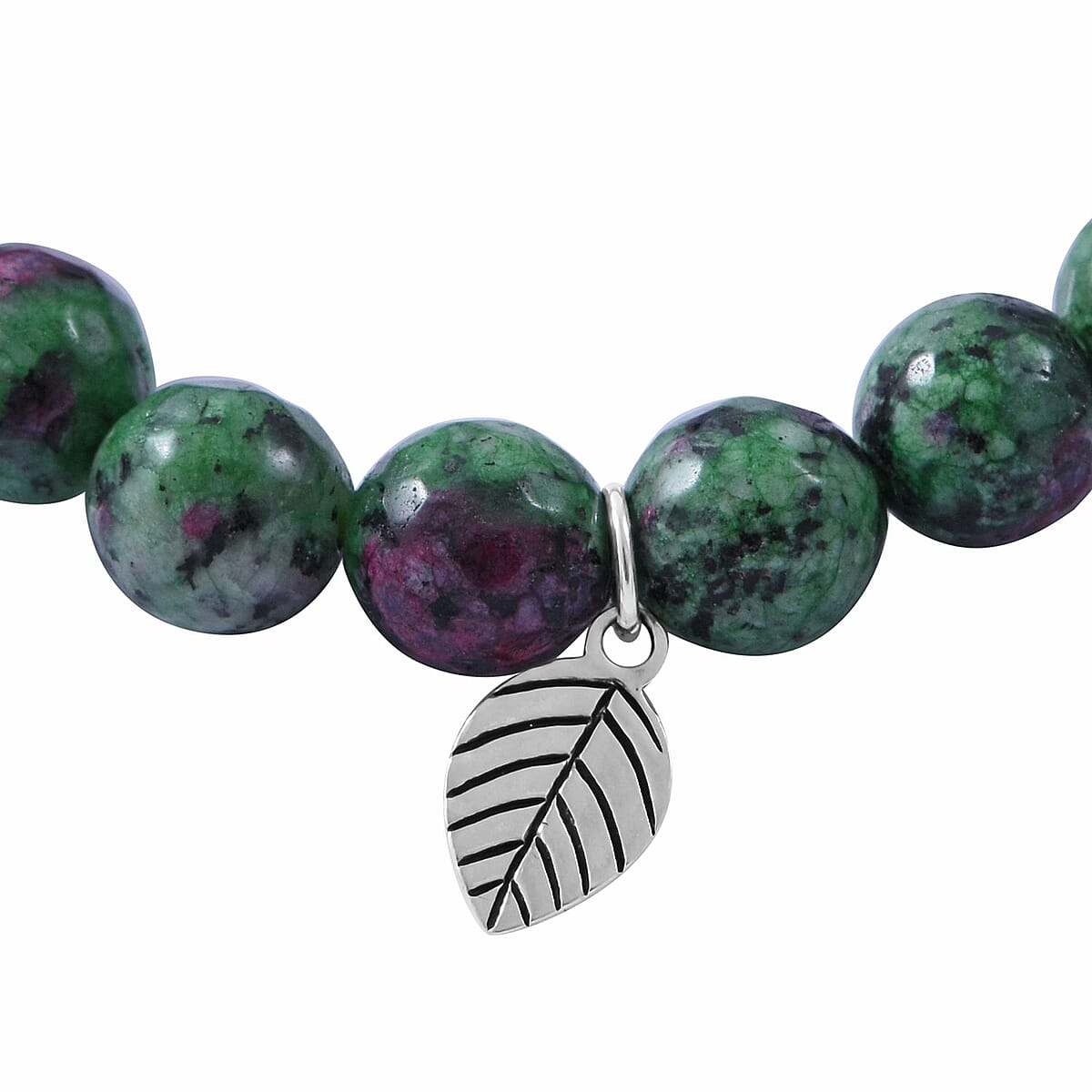 Ruby Zoisite Beaded Stretch Bracelet with Leaf Charm in Sterling Silver 150.00 ctw image number 2
