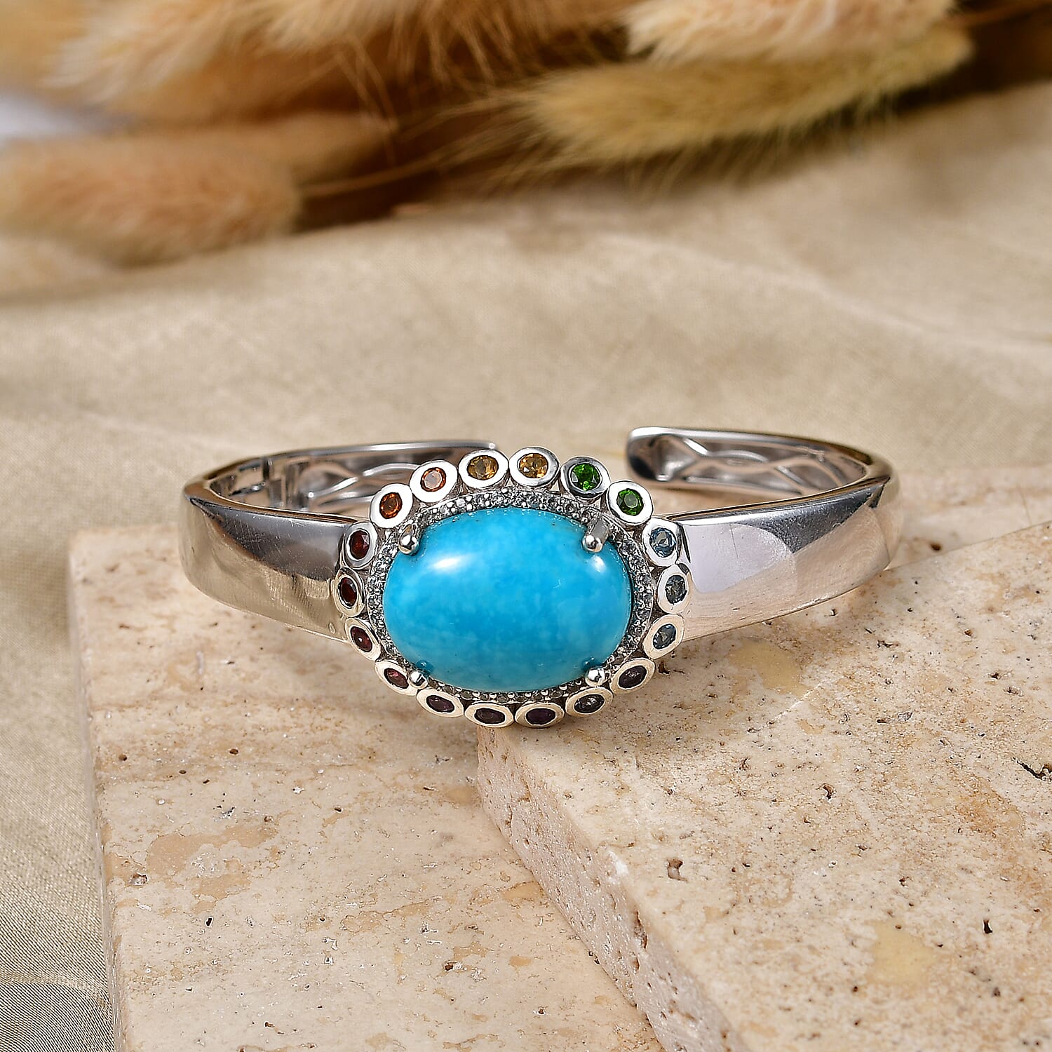 Premium Kingman Turquoise and Multi Gemstone 16.65 ctw Bangle Bracelet in Rhodium Over Sterling Silver