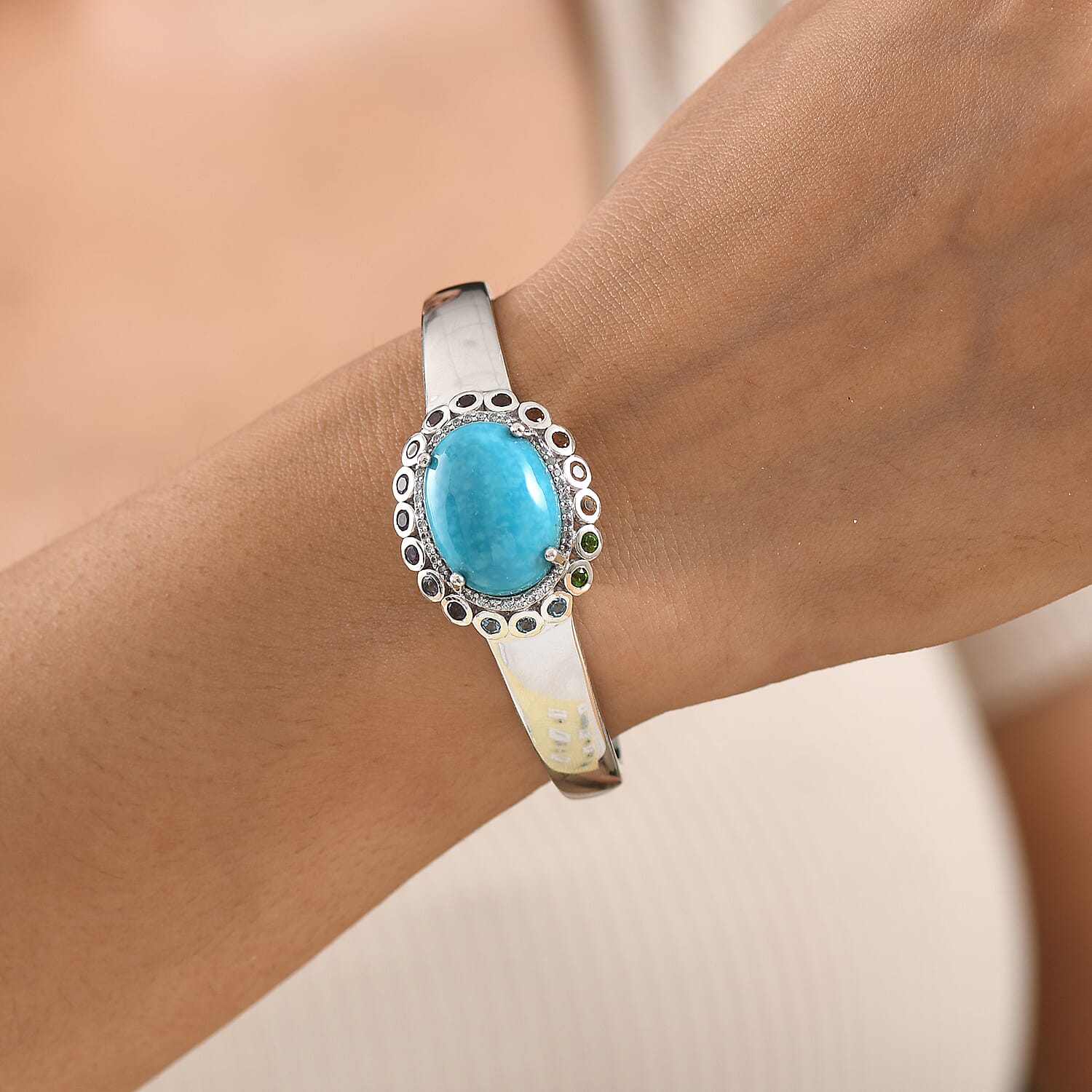 Premium Kingman Turquoise and Multi Gemstone 16.65 ctw Bangle Bracelet in Rhodium Over Sterling Silver