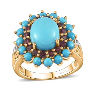 Sleeping Beauty Turquoise, Anthill Garnet Floral Ring in Platinum Over and Vermeil Yellow Gold Over Sterling Silver (Size 10.0) 5.50 ctw