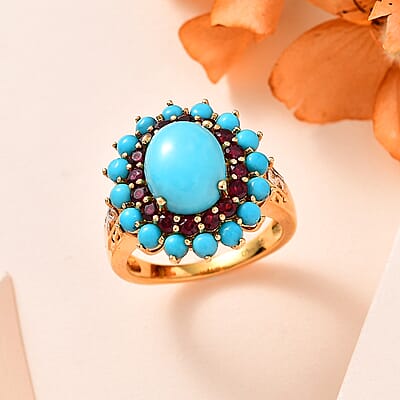 Sleeping Beauty Turquoise, Anthill Garnet Floral Ring in Platinum Over and Vermeil Yellow Gold Over Sterling Silver (Size 10.0) 5.50 ctw