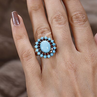 Sleeping Beauty Turquoise, Anthill Garnet Floral Ring in Platinum Over and Vermeil Yellow Gold Over Sterling Silver (Size 10.0) 5.50 ctw