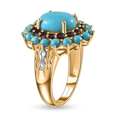 Sleeping Beauty Turquoise, Anthill Garnet Floral Ring in Platinum Over and Vermeil Yellow Gold Over Sterling Silver (Size 10.0) 5.50 ctw