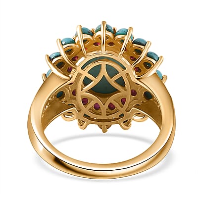 Sleeping Beauty Turquoise, Anthill Garnet Floral Ring in Platinum Over and Vermeil Yellow Gold Over Sterling Silver (Size 10.0) 5.50 ctw