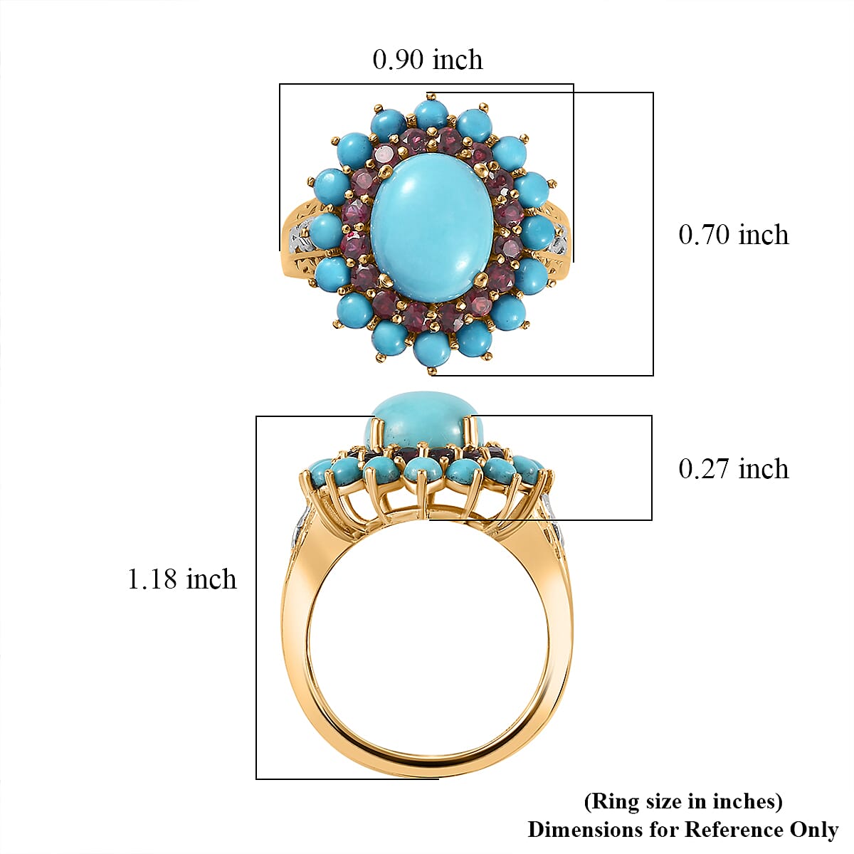 Sleeping Beauty Turquoise, Anthill Garnet Floral Ring in Platinum Over and Vermeil Yellow Gold Over Sterling Silver (Size 10.0) 5.50 ctw
