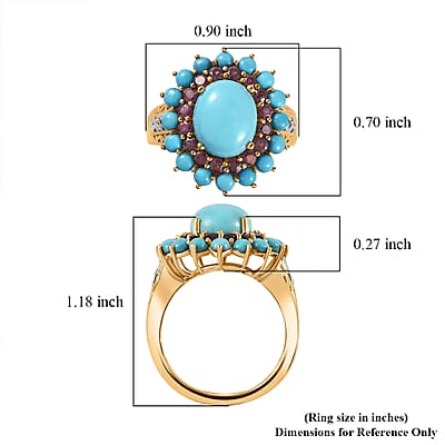 Sleeping Beauty Turquoise, Anthill Garnet Floral Ring in Platinum Over and Vermeil Yellow Gold Over Sterling Silver (Size 10.0) 5.50 ctw