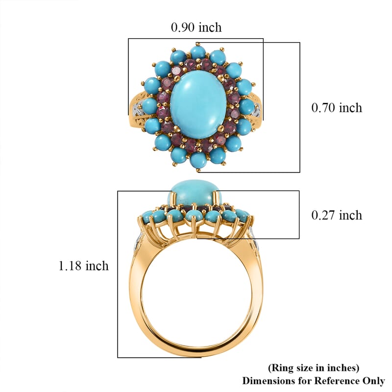 Sleeping Beauty Turquoise, Anthill Garnet Floral Ring in Platinum Over and Vermeil Yellow Gold Over Sterling Silver (Size 10.0) 5.50 ctw