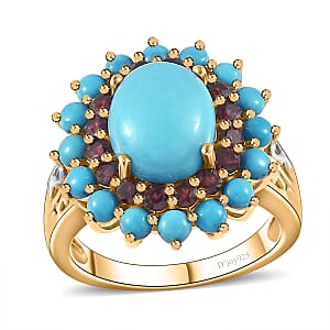 Sleeping Beauty Turquoise, Anthill Garnet Floral Ring in Platinum Over and Vermeil Yellow Gold Over Sterling Silver (Size 7.0) 5.50 ctw