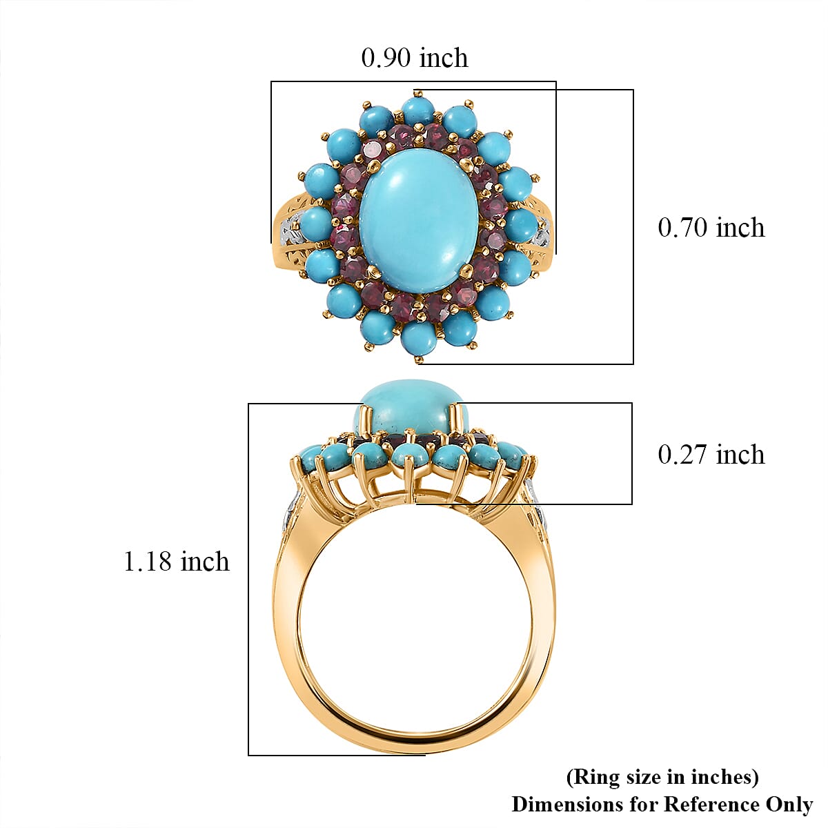 Sleeping Beauty Turquoise, Anthill Garnet Floral Ring in Platinum Over and Vermeil Yellow Gold Over Sterling Silver (Size 7.0) 5.50 ctw