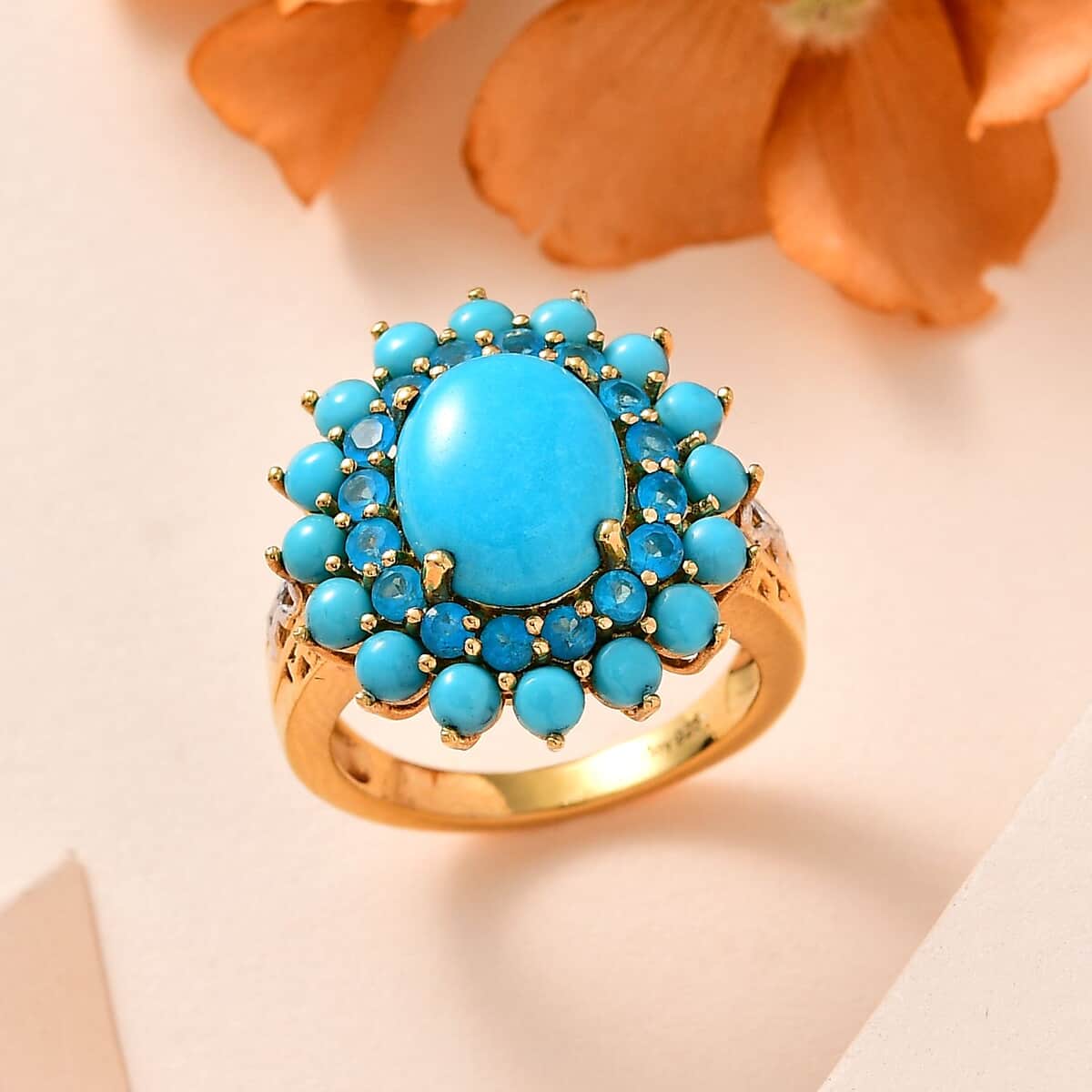 Sleeping Beauty Turquoise and Malgache Neon Apatite Floral Ring in Platinum Over and Vermeil Yellow Gold Over Sterling Silver (Size 6.0) 5.40 ctw image number 1