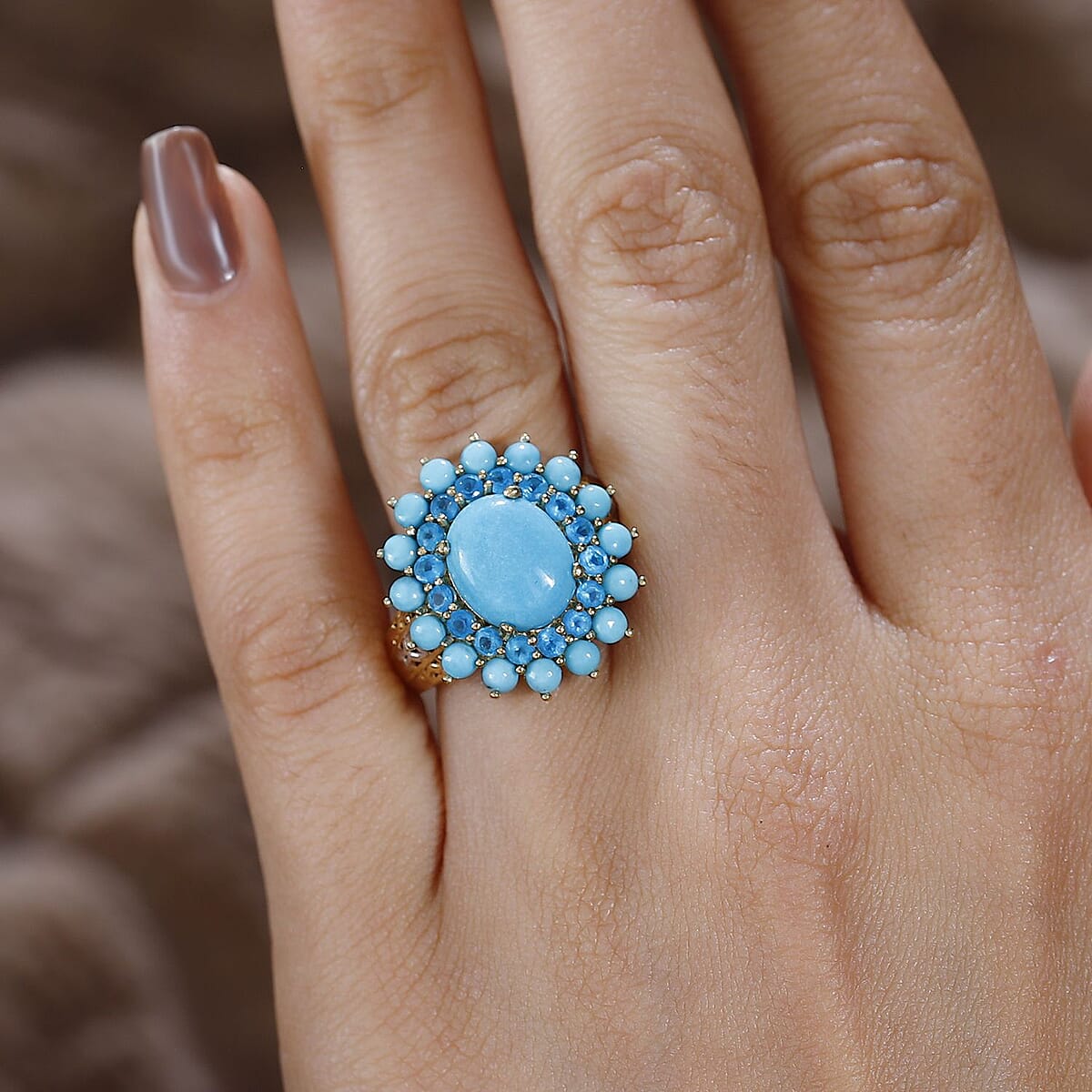Sleeping Beauty Turquoise and Malgache Neon Apatite Floral Ring in Platinum Over and Vermeil Yellow Gold Over Sterling Silver (Size 9.0) 5.40 ctw image number 2