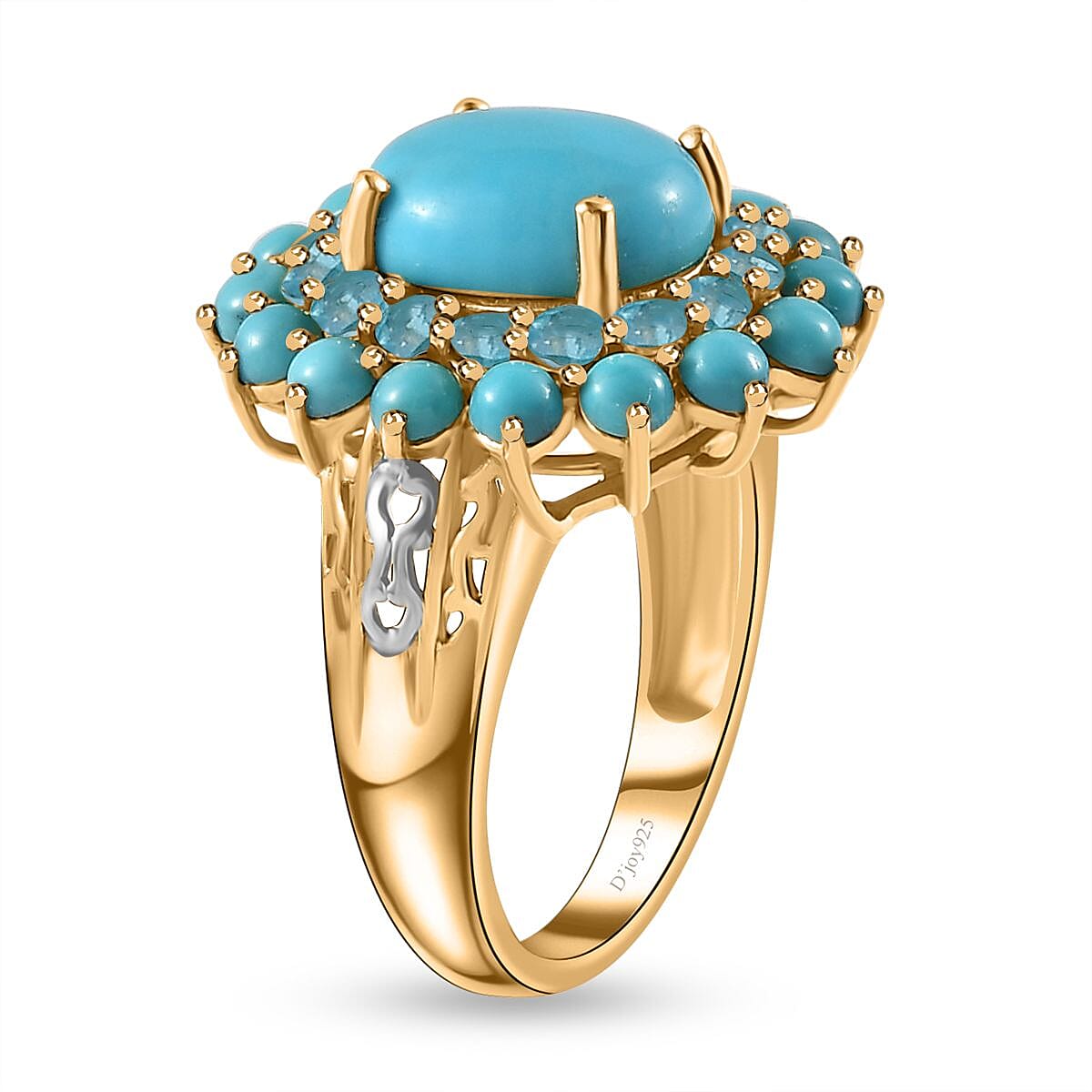 Sleeping Beauty Turquoise and Malgache Neon Apatite Floral Ring in Platinum Over and Vermeil Yellow Gold Over Sterling Silver (Size 9.0) 5.40 ctw image number 3