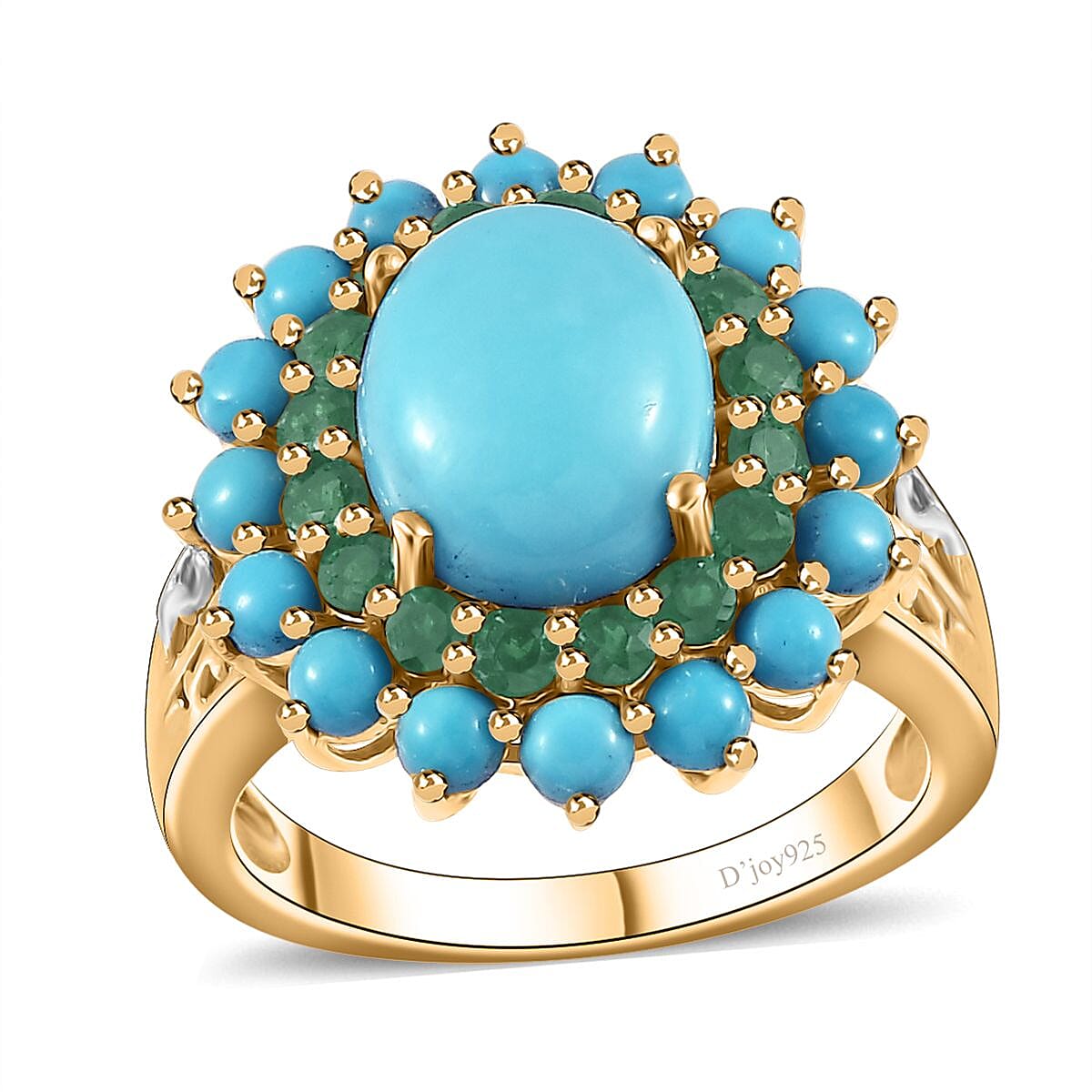 Sleeping Beauty Turquoise and Kagem Zambian Emerald Floral Ring in Platinum Over and Vermeil Yellow Gold Over Sterling Silver (Size 7.0) 5.25 ctw image number 0