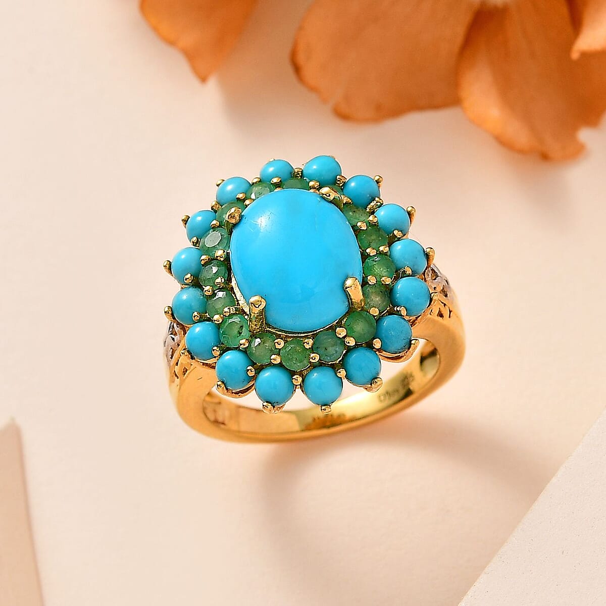 Sleeping Beauty Turquoise and Kagem Zambian Emerald Floral Ring in Platinum Over and Vermeil Yellow Gold Over Sterling Silver (Size 7.0) 5.25 ctw image number 1