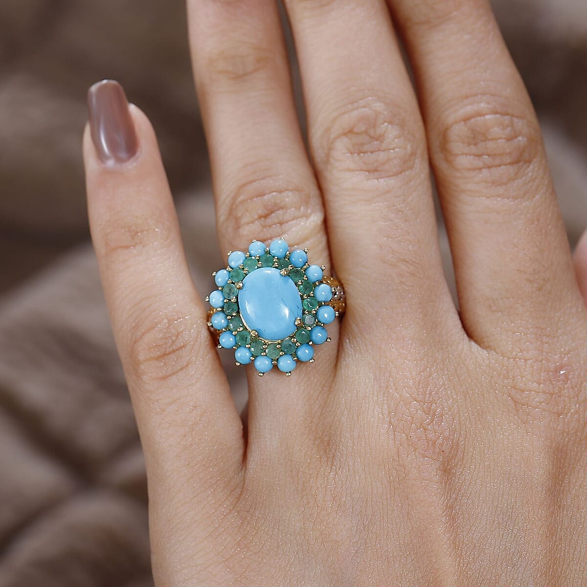 Sleeping Beauty Turquoise and Kagem Zambian Emerald Floral Ring in Platinum Over and Vermeil Yellow Gold Over Sterling Silver (Size 7.0) 5.25 ctw image number 2