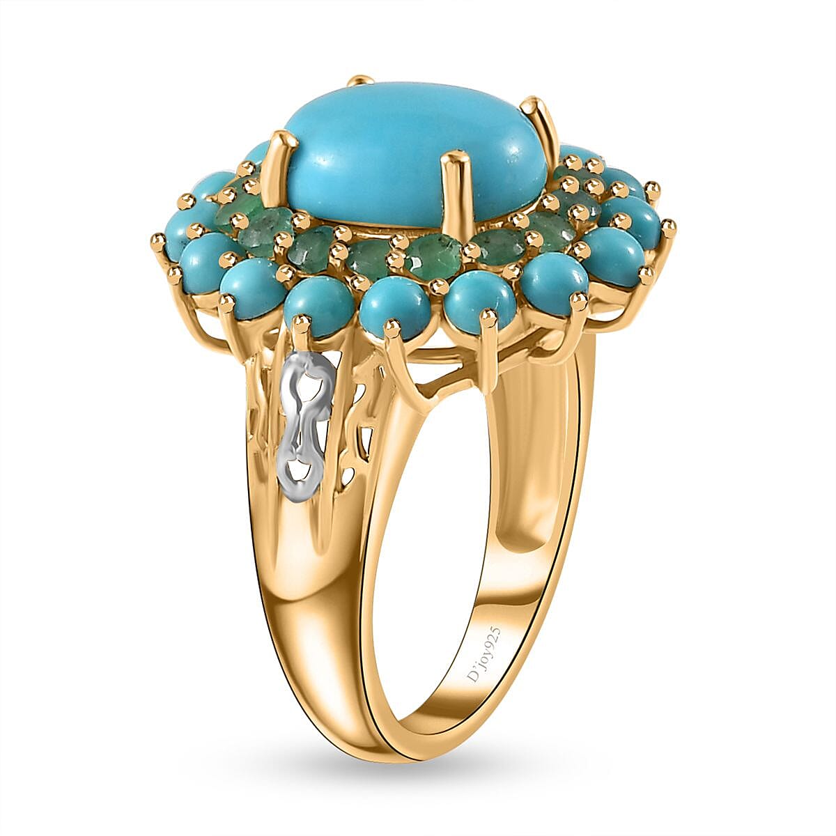 Sleeping Beauty Turquoise and Kagem Zambian Emerald Floral Ring in Platinum Over and Vermeil Yellow Gold Over Sterling Silver (Size 7.0) 5.25 ctw image number 3