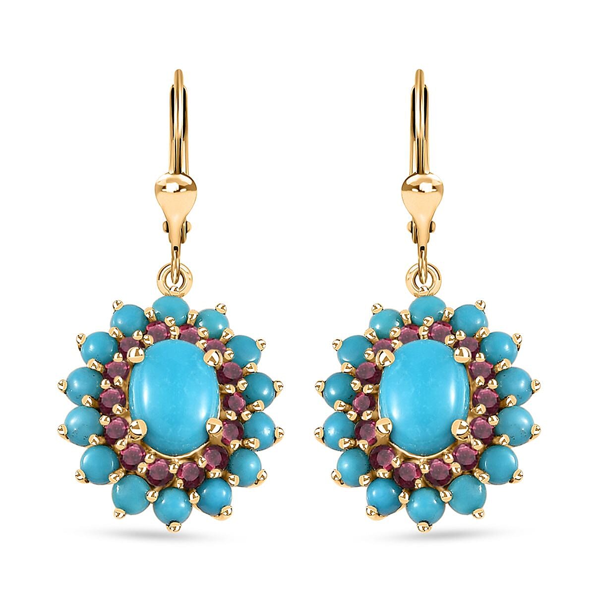 Sleeping Beauty Turquoise and Arizona Anthill Garnet Lever Back Earrings in Vermeil Yellow Gold Over Sterling Silver 5.00 ctw