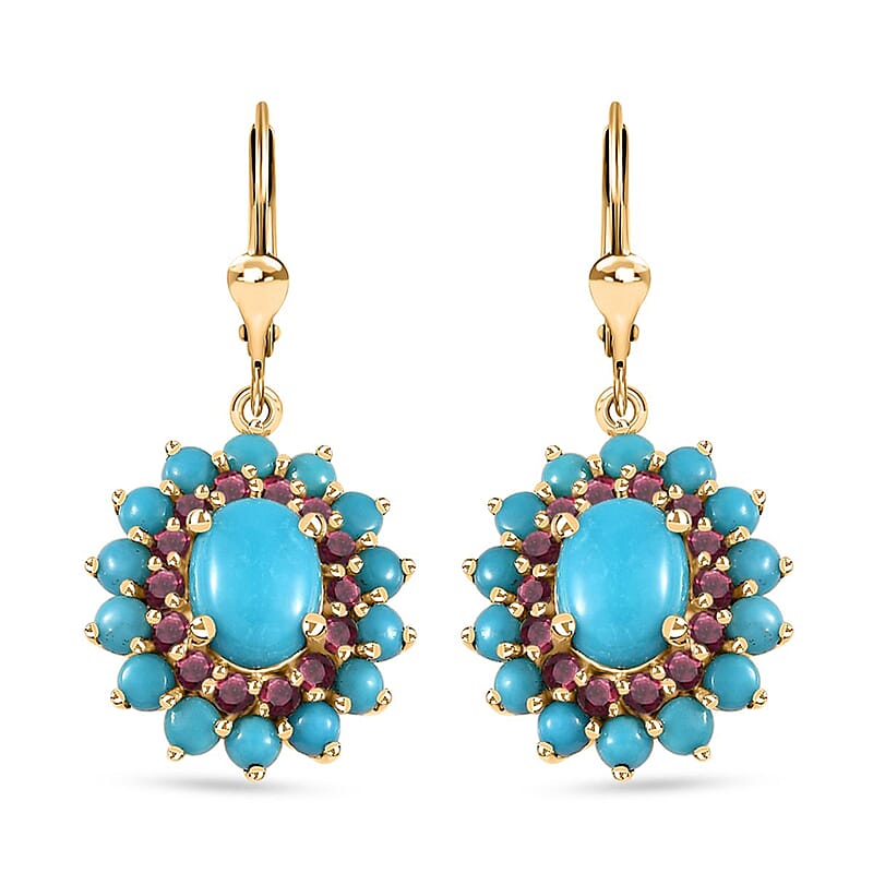Sleeping Beauty Turquoise and Arizona Anthill Garnet Lever Back Earrings in Vermeil Yellow Gold Over Sterling Silver 5.00 ctw