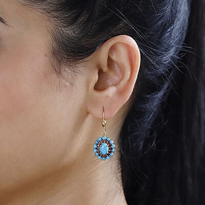 Sleeping Beauty Turquoise and Arizona Anthill Garnet Lever Back Earrings in Vermeil Yellow Gold Over Sterling Silver 5.00 ctw