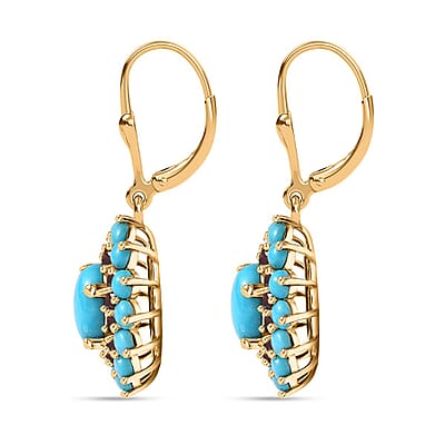 Sleeping Beauty Turquoise and Arizona Anthill Garnet Lever Back Earrings in Vermeil Yellow Gold Over Sterling Silver 5.00 ctw