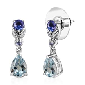 Premium Mangoro Aquamarine and Multi Gemstone Drop Earrings in Platinum Over Sterling Silver 2.35 ctw