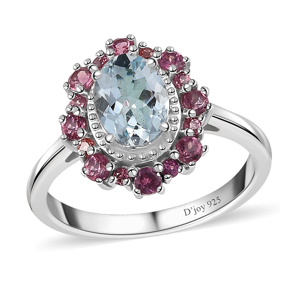 Premium Mangoro Aquamarine and Lotus Garnet Halo Ring in Platinum Over Sterling Silver (Size 10.0) 1.75 ctw