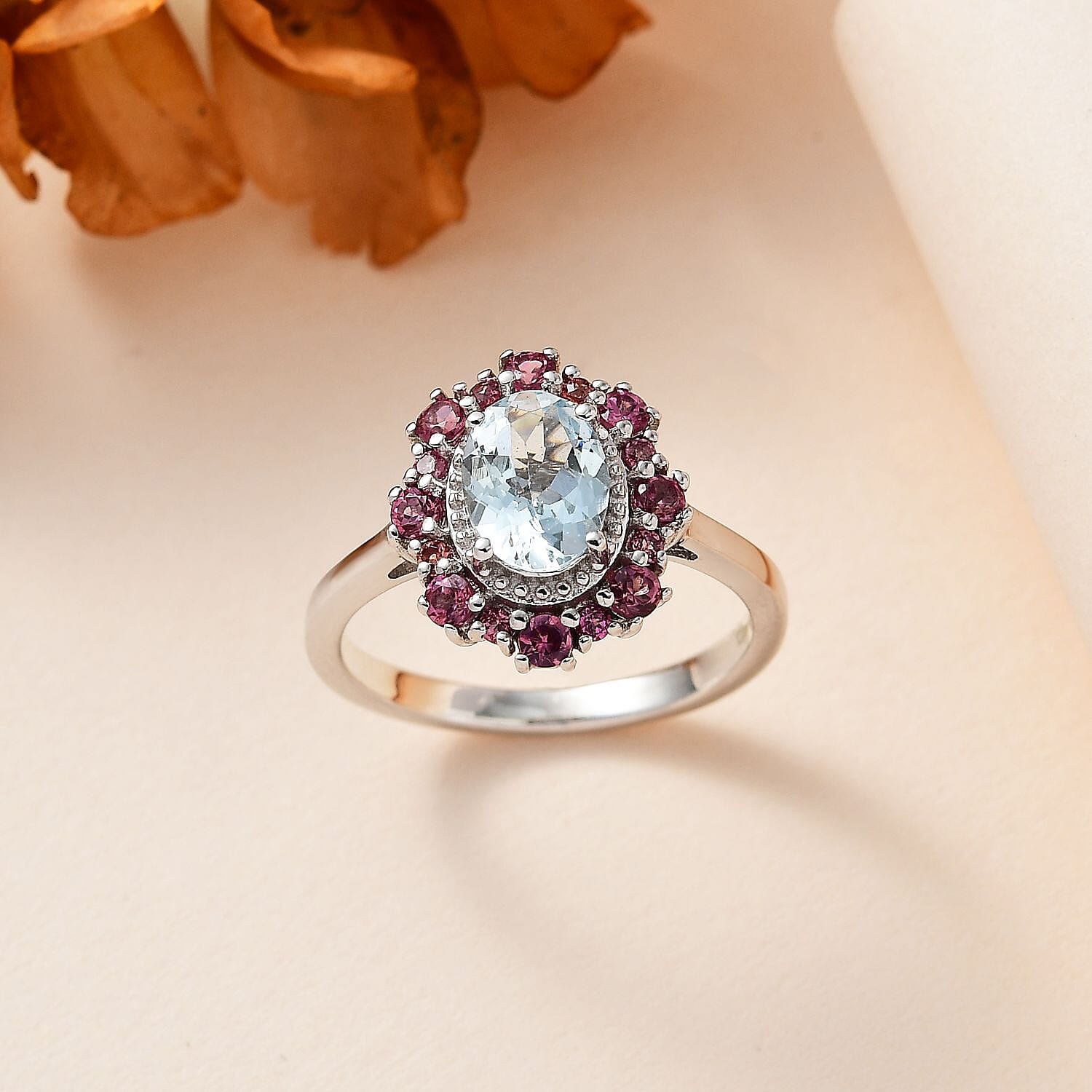 Premium Mangoro Aquamarine and Lotus Garnet Halo Ring in Platinum Over Sterling Silver (Size 10.0) 1.75 ctw