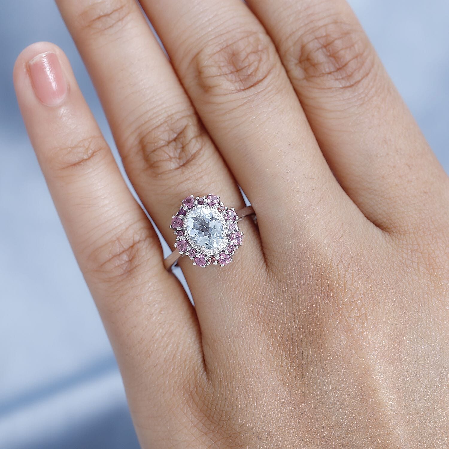 Premium Mangoro Aquamarine and Lotus Garnet Halo Ring in Platinum Over Sterling Silver (Size 10.0) 1.75 ctw