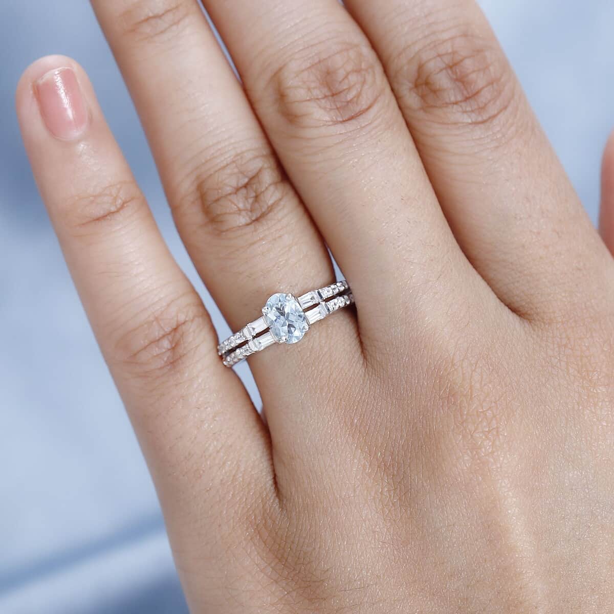 Premium Mangoro Aquamarine and White Zircon Ring in Platinum Over Sterling Silver (Size 6.0) 1.15 ctw image number 2