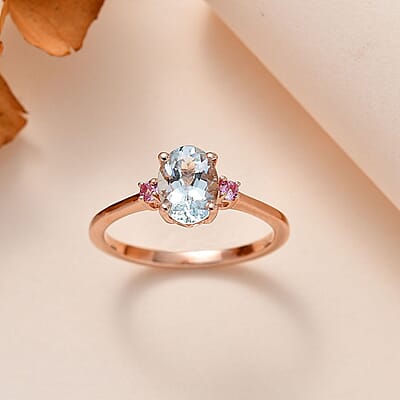 Premium Mangoro Aquamarine and Madagascar Pink Sapphire Ring in Vermeil Rose Gold Over Sterling Silver (Size 10.0) 1.10 ctw