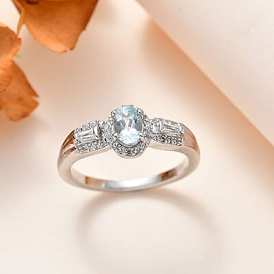 Premium Mangoro Aquamarine and White Zircon 0.75 ctw Ring in Platinum Over Sterling Silver (Size 10.0)