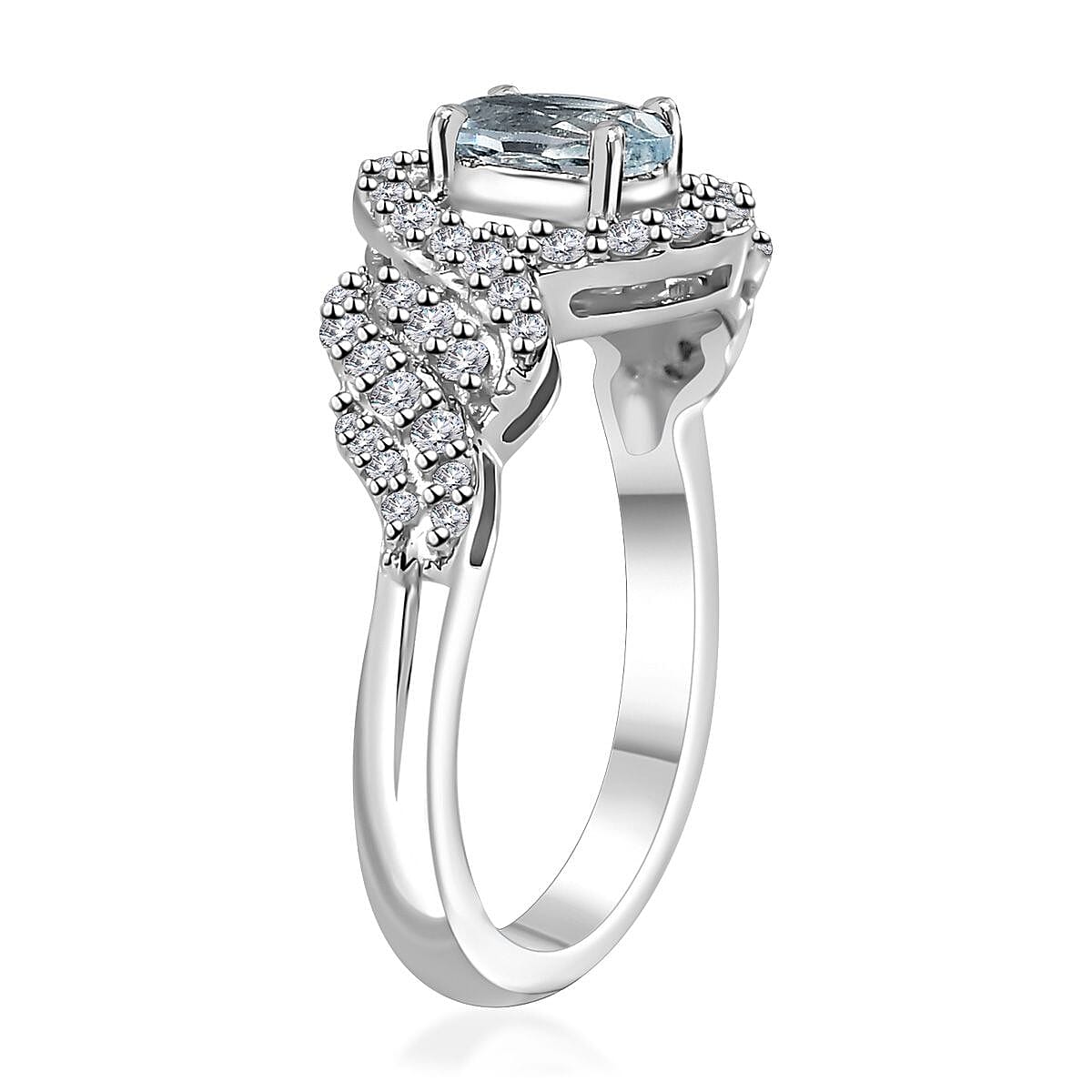 Premium Mangoro Aquamarine and White Zircon 0.90 ctw Halo Ring in Platinum Over Sterling Silver (Size 10.0)