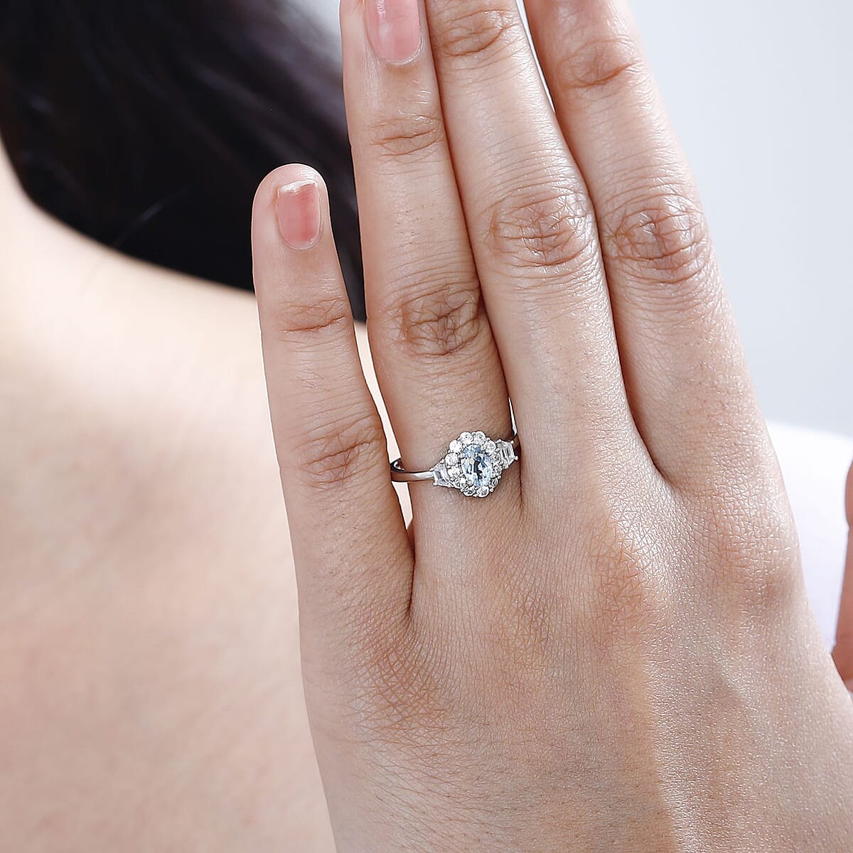 Premium Mangoro Aquamarine and White Zircon Halo Ring in Platinum Over Sterling Silver (Size 10.0) 1.10 ctw image number 2