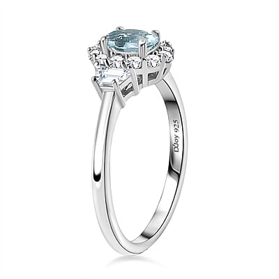 Premium Mangoro Aquamarine and White Zircon Halo Ring in Platinum Over Sterling Silver (Size 10.0) 1.10 ctw